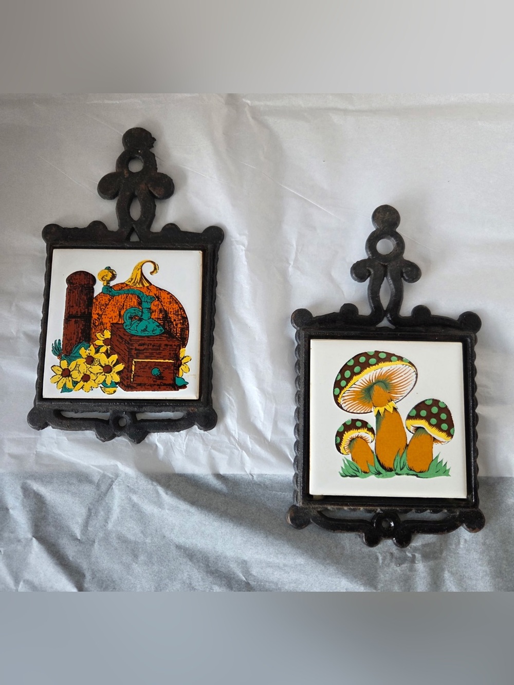Set Of 2 Cast Iron Ceramic Retro Trivet Mushroom Cottagecore